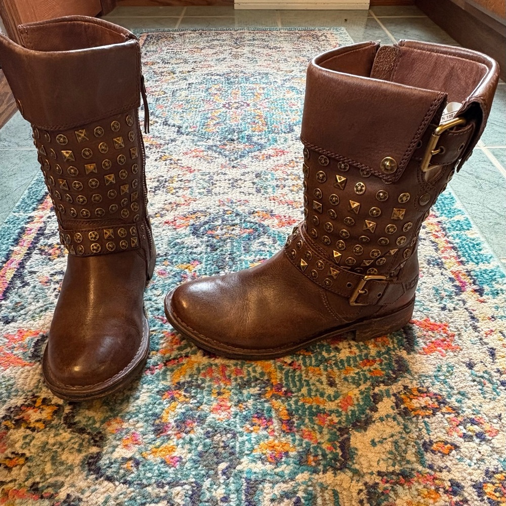 UGG Studded Brown Leather moto Boots size 6.5